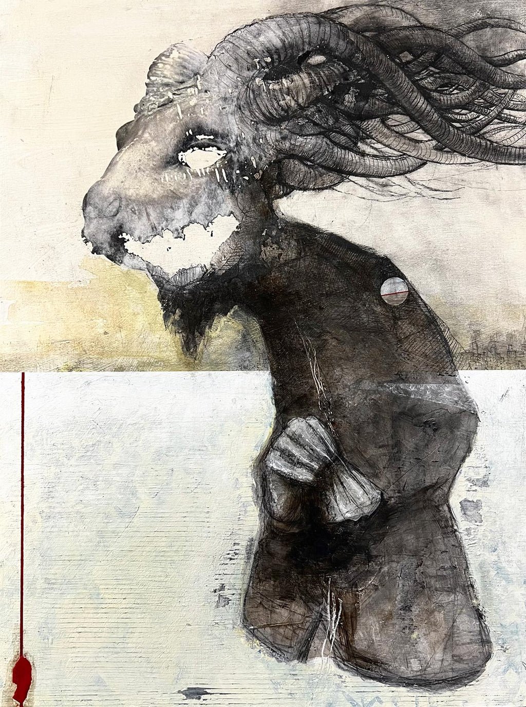 A surreal black and white drawing of a creature with the head of a ram, incorporating elements of a human skull, with flowing hair and a muscular body.