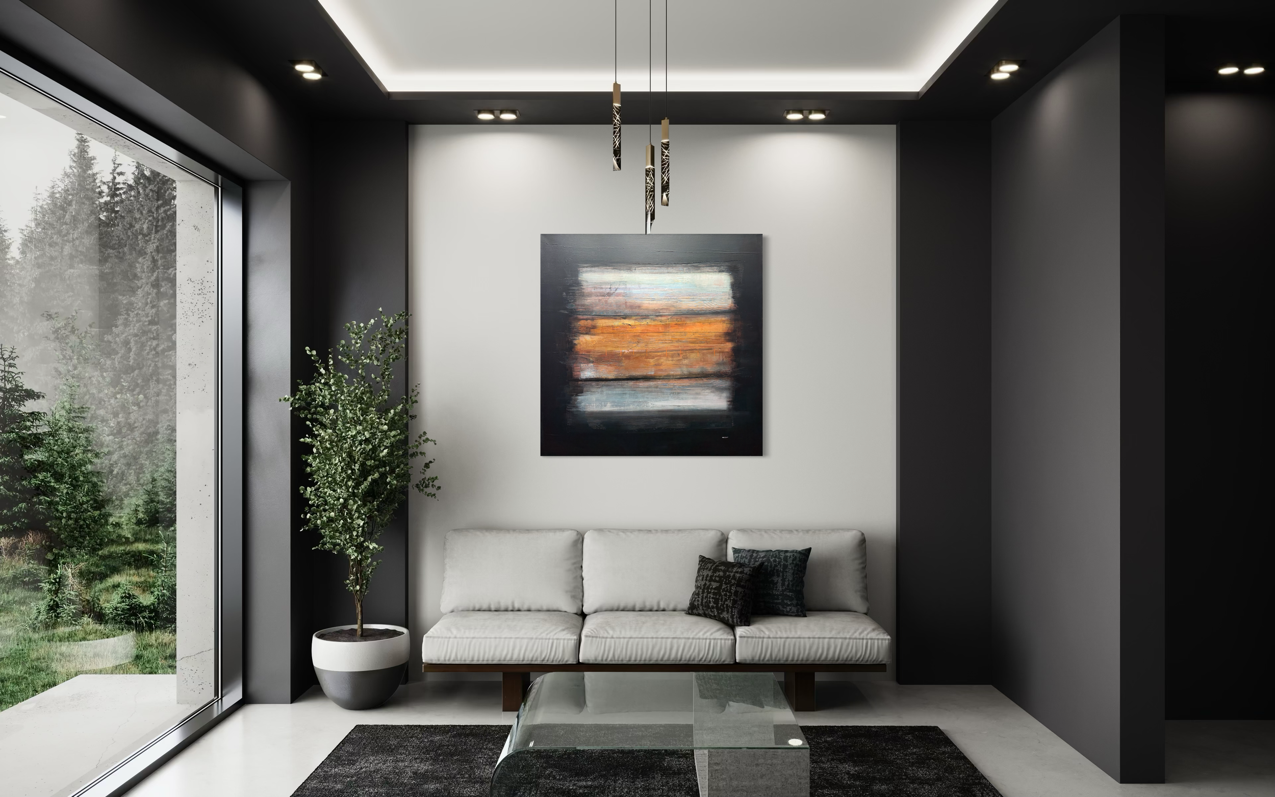 Living room with a white textured armchair, a matching pouf, a small side table with a vase holding a green plant, and an abstract landscape painting on the wall.