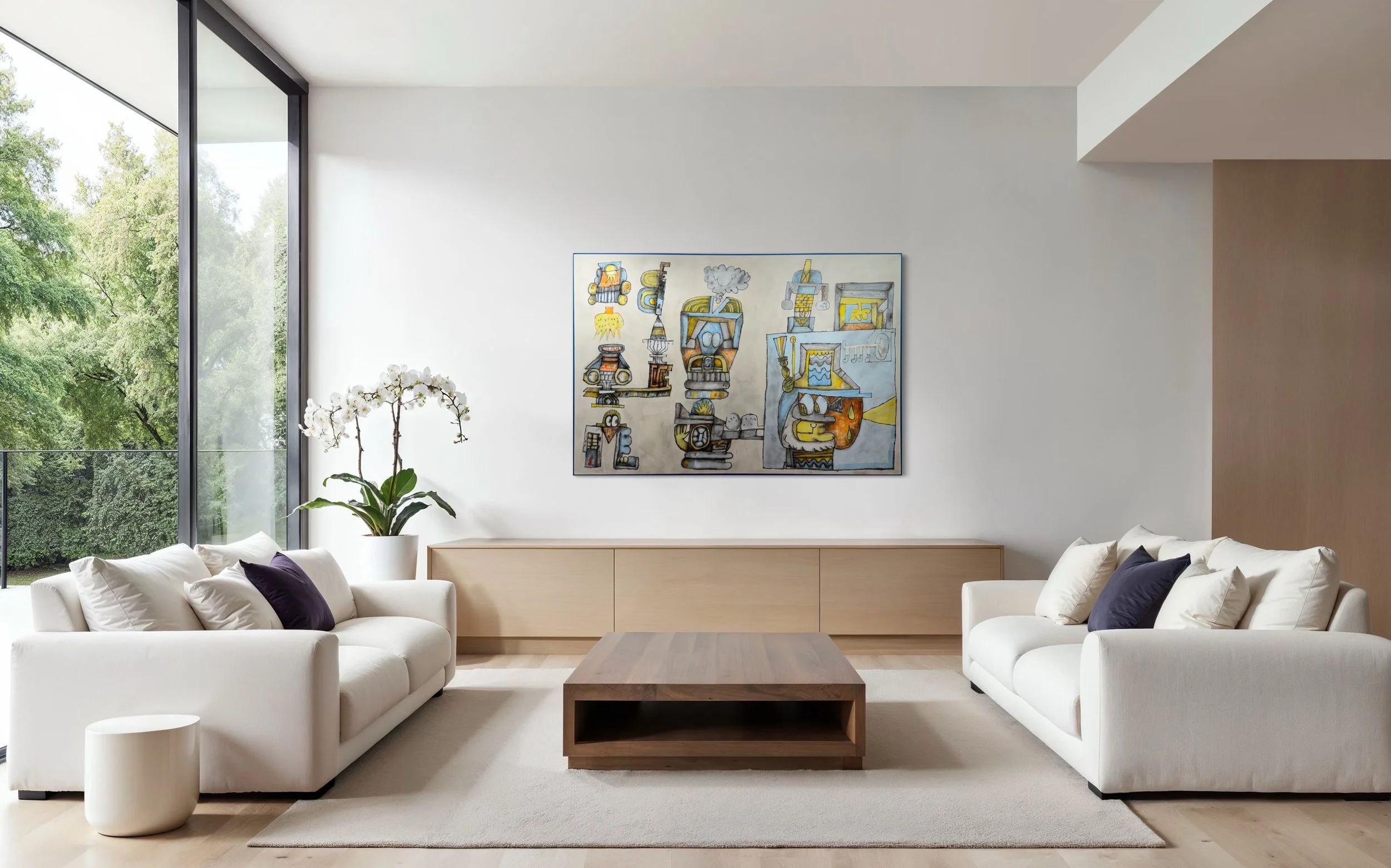Living room with a white textured armchair, a matching pouf, a small side table with a vase holding a green plant, and an abstract landscape painting on the wall.