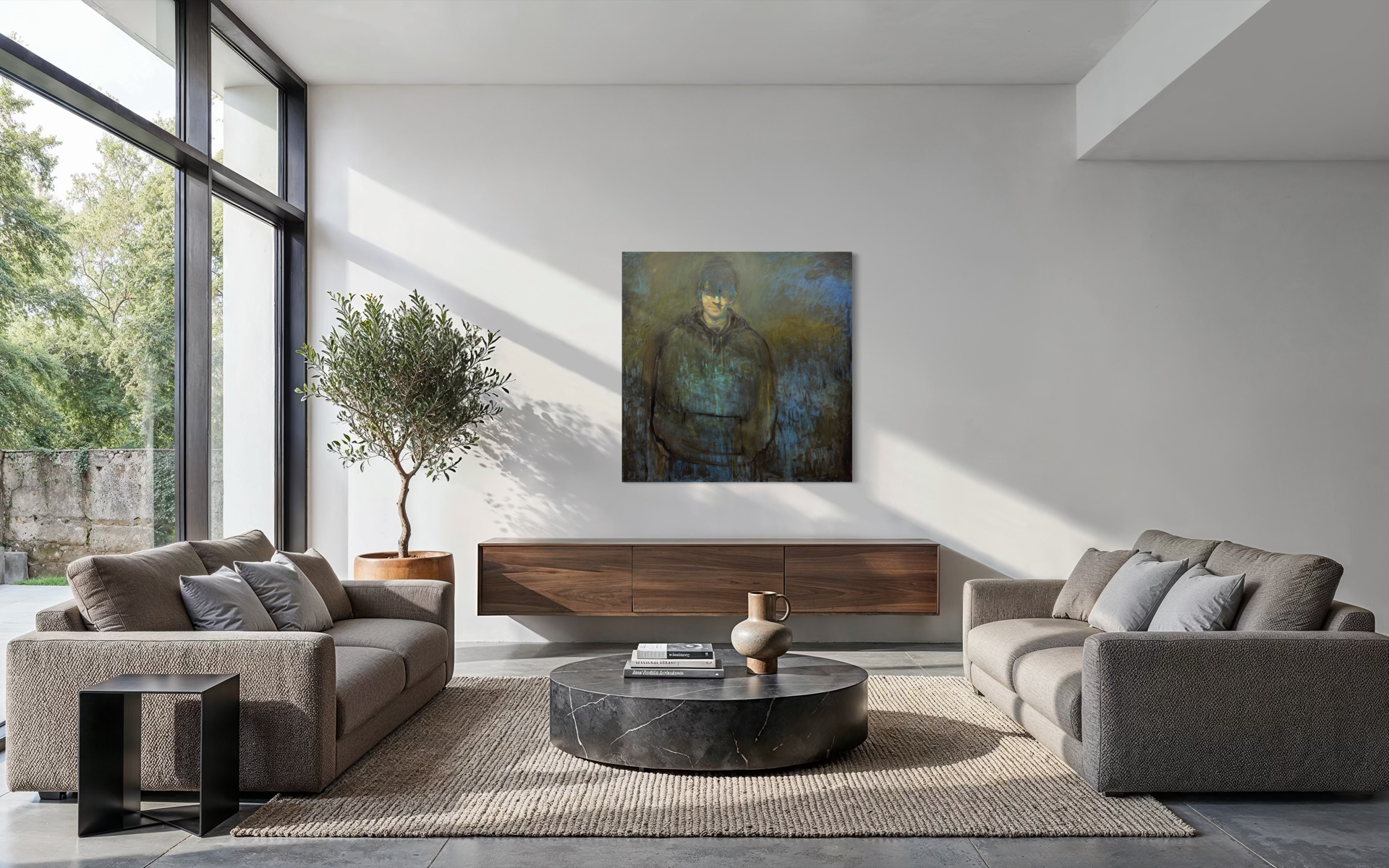 Elegant bedroom with a bed, side tables with lamps, a colorful abstract painting on the wall, a plush armchair with a floral arrangement, and a window with curtains.