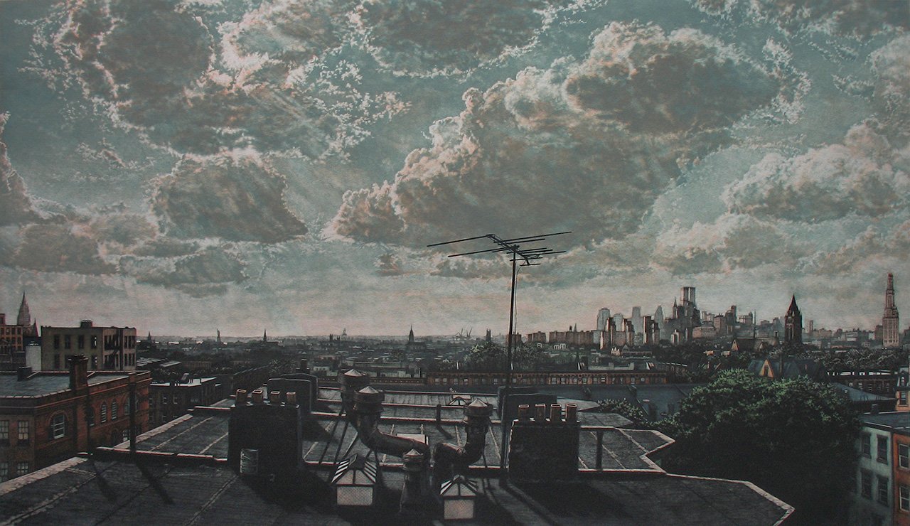 Rooftops, 14 x 24", mezzotint