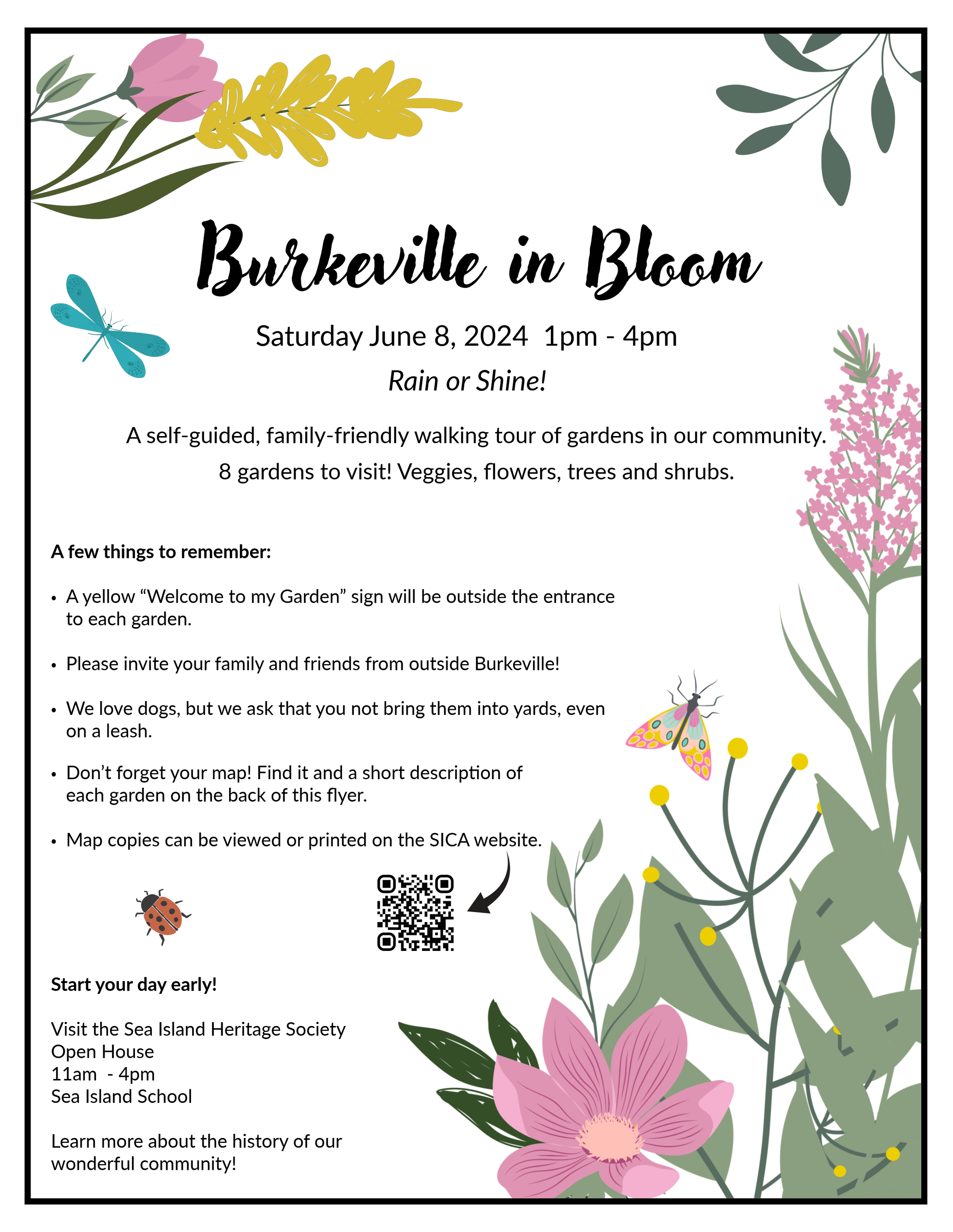 Flyer for 'Burkeville in Bloom' event on June 8, 2024, from 1 pm to 4 pm, with details about a community garden tour, colorful illustrations of flowers, a ladybug, and a dragonfly, and a QR code.