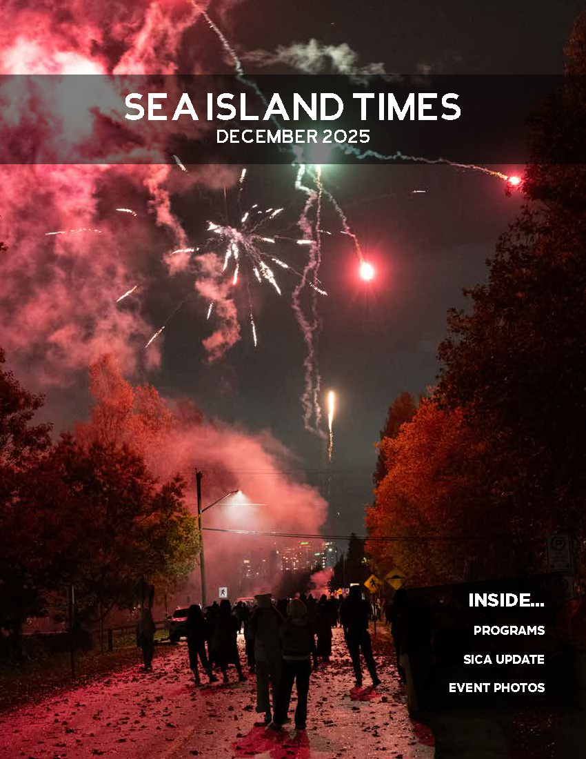 Children playing on playground swings at a community event with bounce houses and tents in a park, surrounded by green trees.