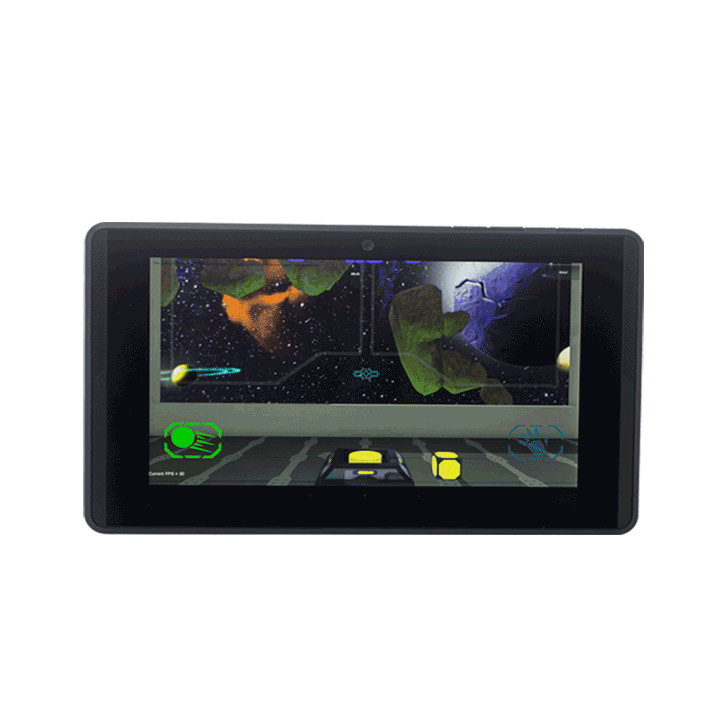 A digital tablet displaying a space-themed game with planets, stars, and leaves, along with sci-fi interface elements.