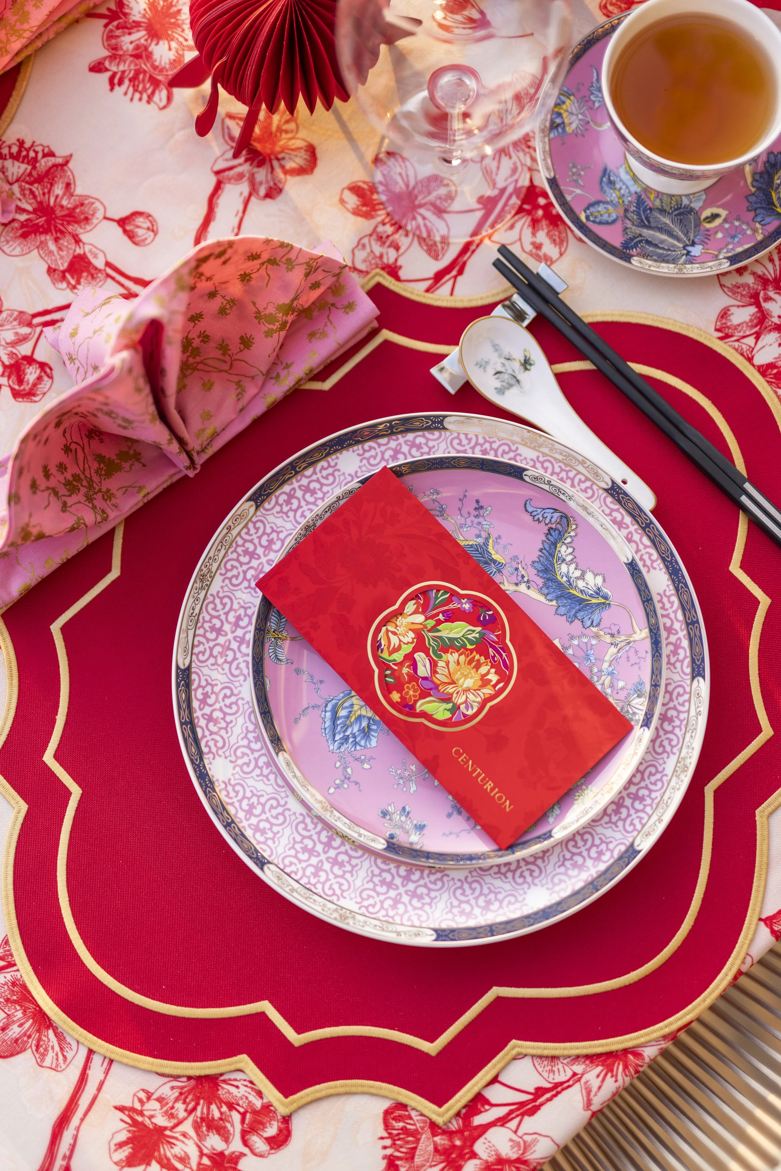 Geometric  Stain Resistant Placemat in Classic Red/Gold Embroidery