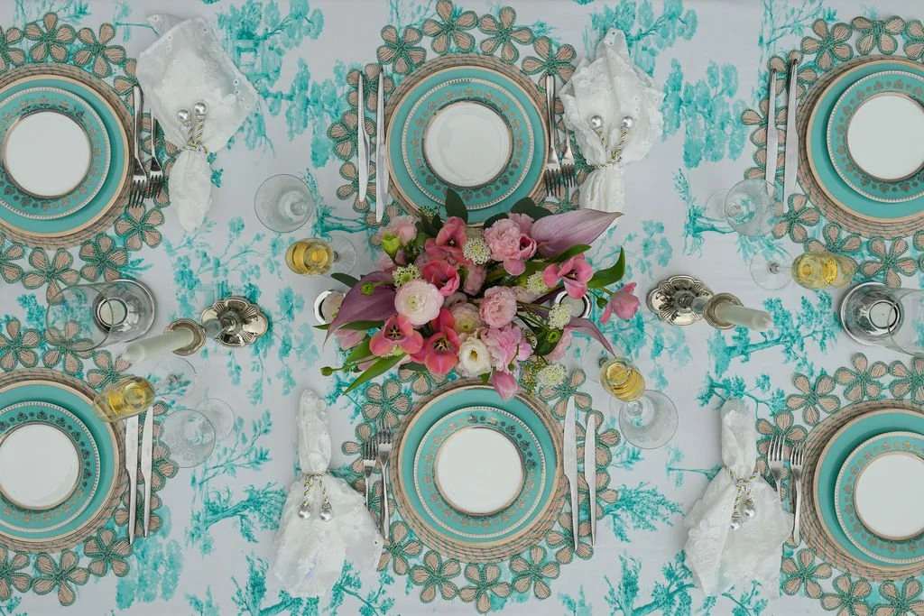 Toile de Jouy Motif Tablecloth in Turquoise