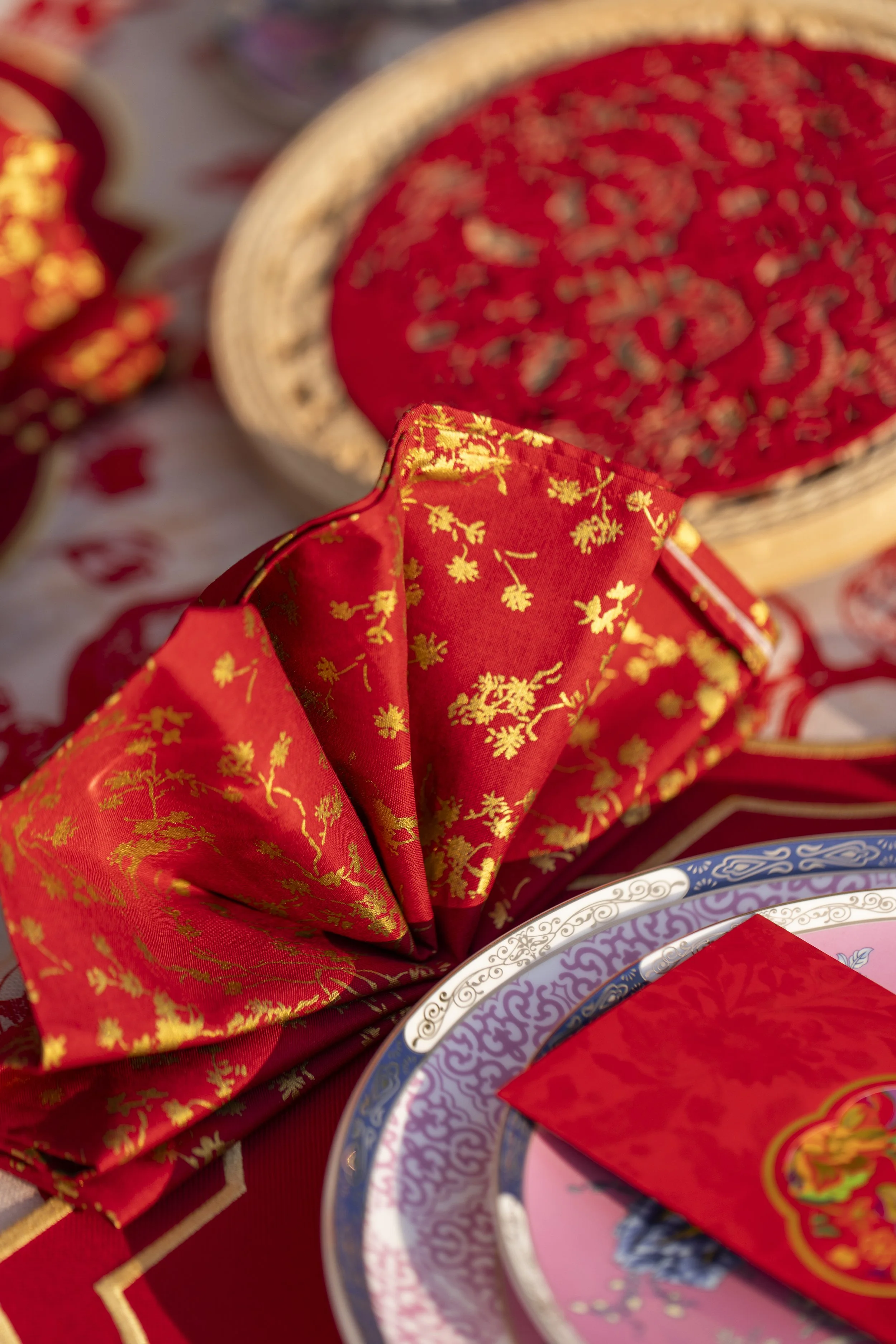 Chinese New Year - Red with Gold Floral  Napkins Set of 4