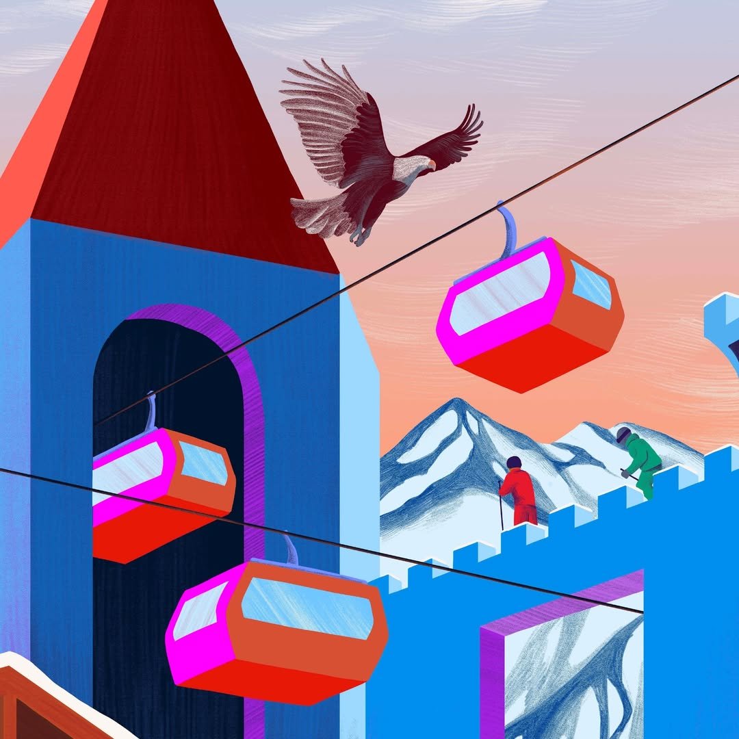  Télésiège avec un aigle qui vole par dessus 