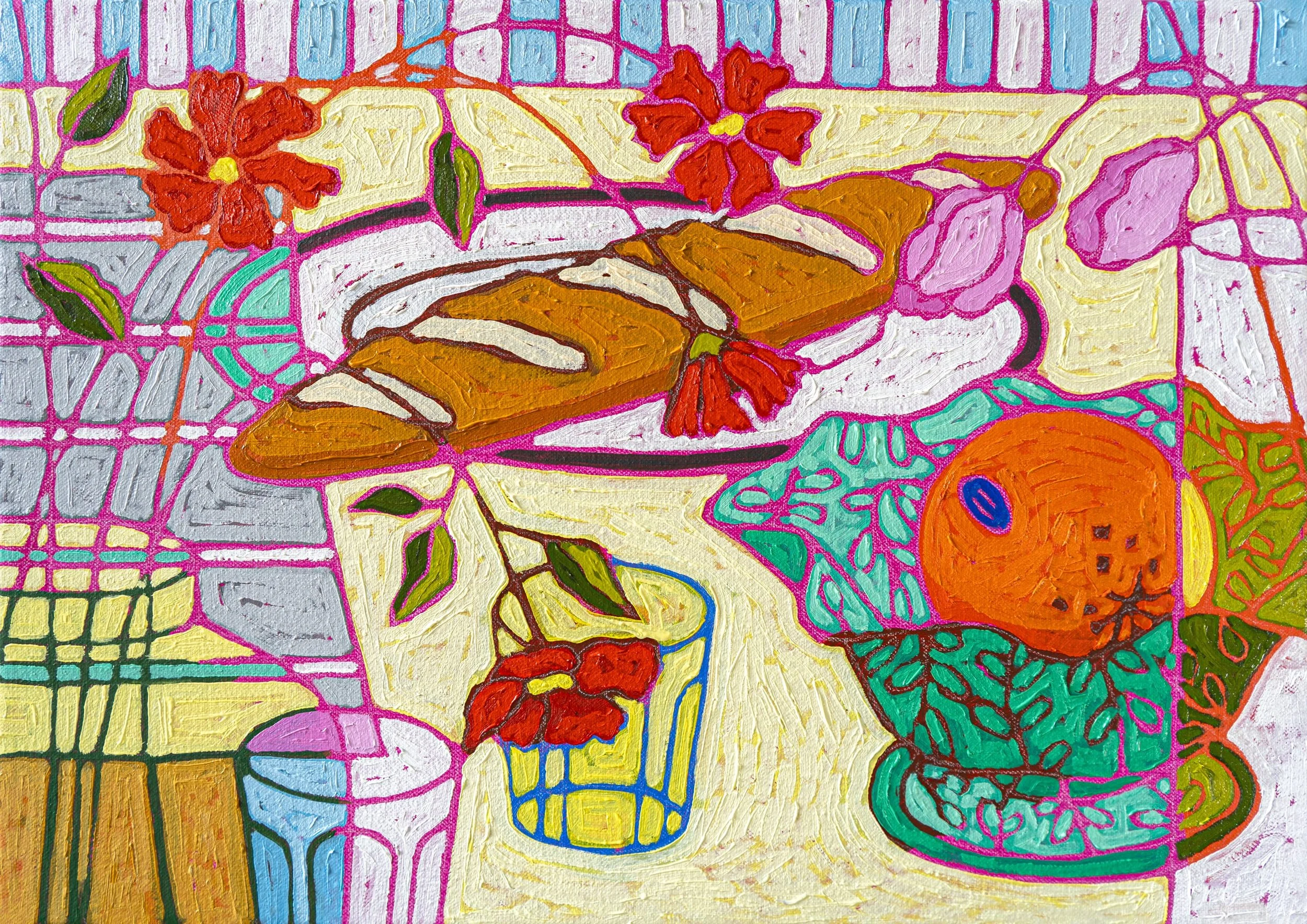 Colorful painted still life of a table with a sliced loaf of bread on a white plate, a glass of red berries, a carved pumpkin, and various flowers and leaves in vibrant colors.