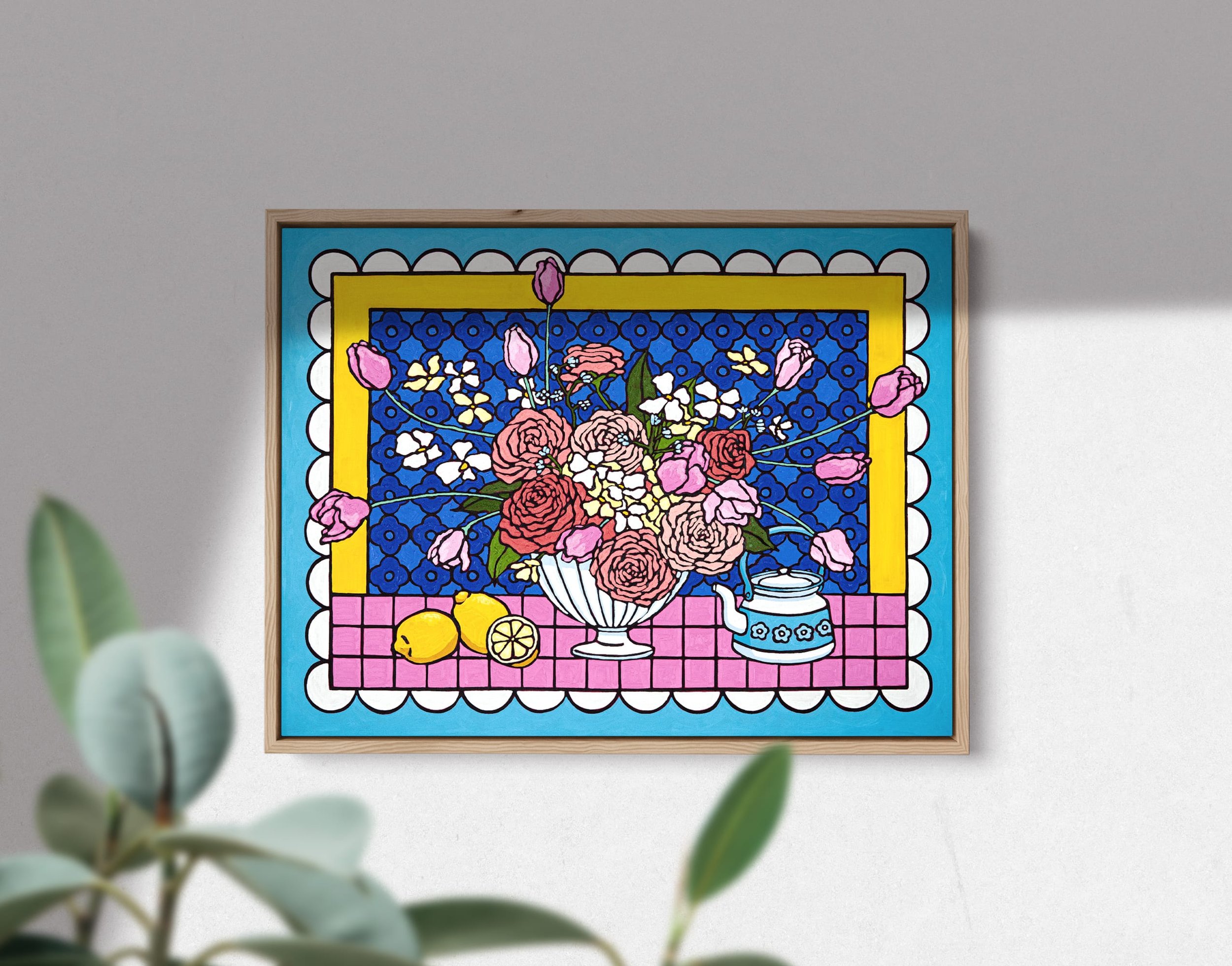 Colorful painting of a floral still life with roses, tulips, and other flowers in a white vase, along with lemons and a teapot on a pink tiled table, inside a framed artwork.