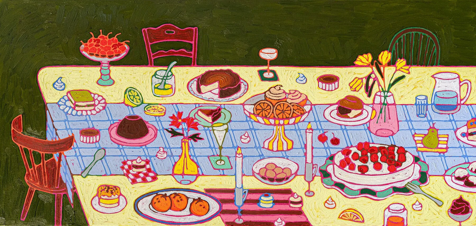 Colorful painting of a decorated dining table filled with various desserts, drinks, candles, flowers, and plates, with chairs around it and a dark green background.