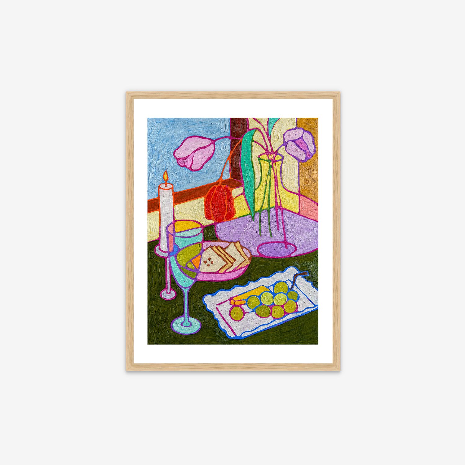 A colorful still life painting featuring a candle, a glass of wine with a slice of cake, a plate of grapes, and a flower vase with purple flowers on a table near a window.