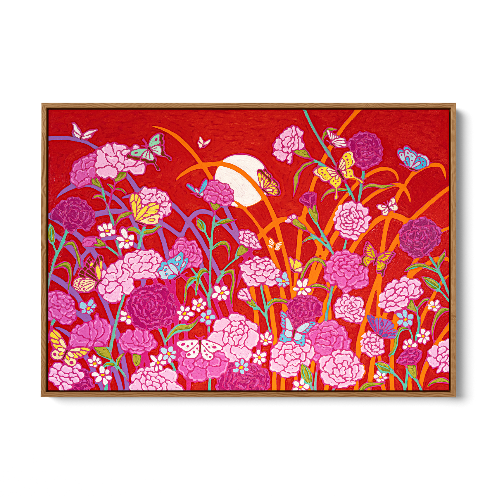Colorful painting of pink and purple flowers with butterflies on a red background, framed in wood.