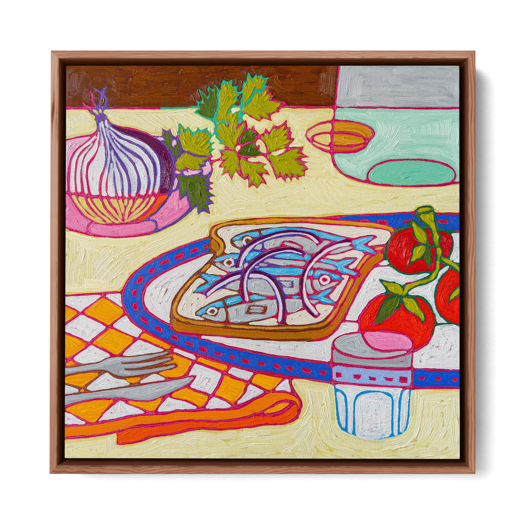 Colorful still life painting of a kitchen table with a platter of fish, tomatoes, a bowl of onions, and cutlery, on a yellow tablecloth with a checkered pattern; background includes a plant and dishes.