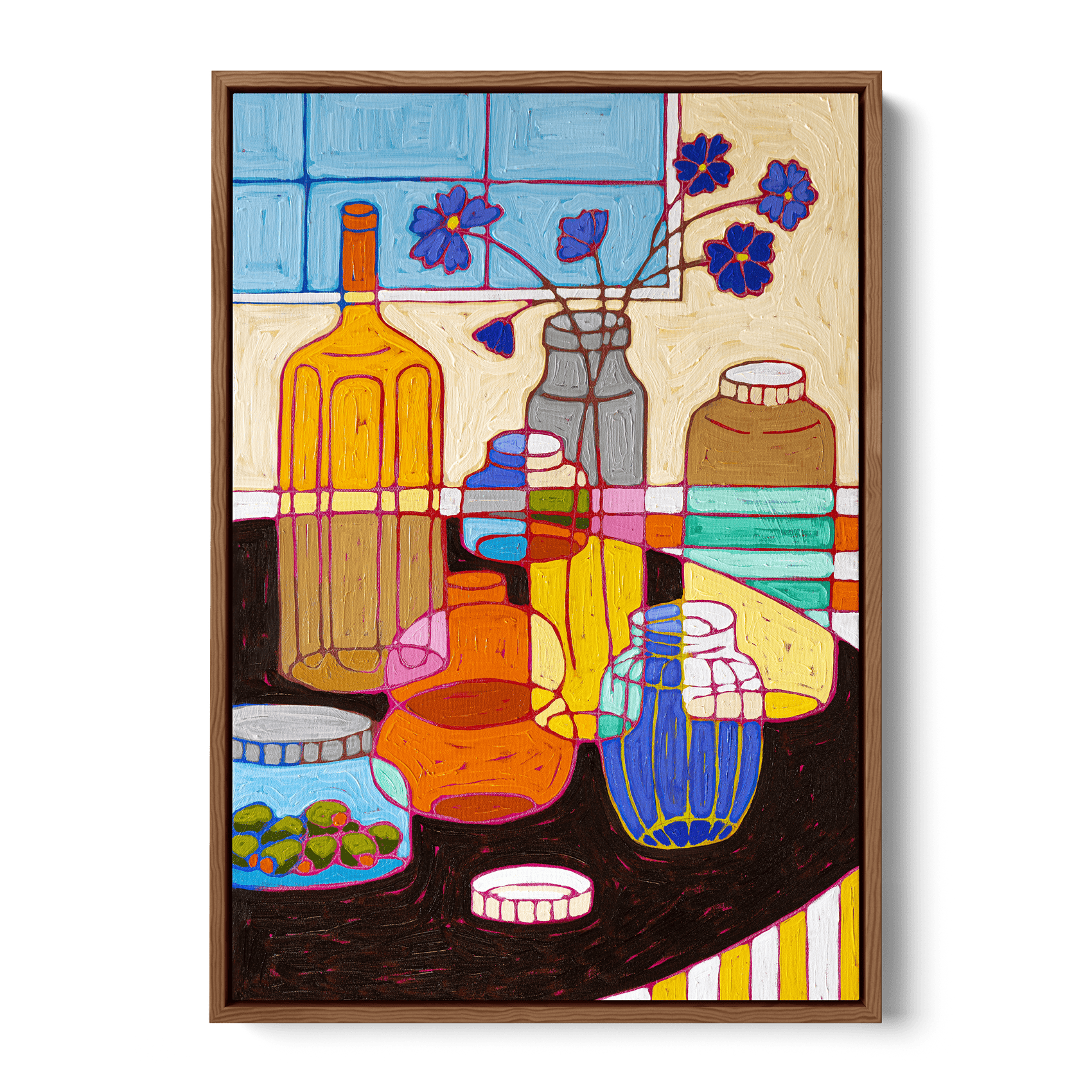 Colorful still life painting of various bottles, jars, and vases on a dark table with a window in the background and purple flowers in a gray vase.