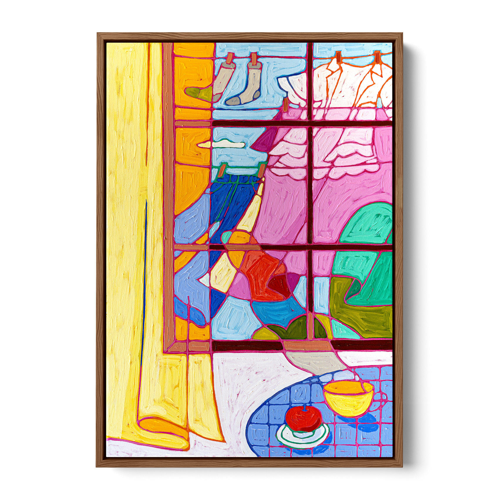 Colorful abstract painting of a window with various objects including clothes, a bowl with an apple, on a table, with a yellow curtain.