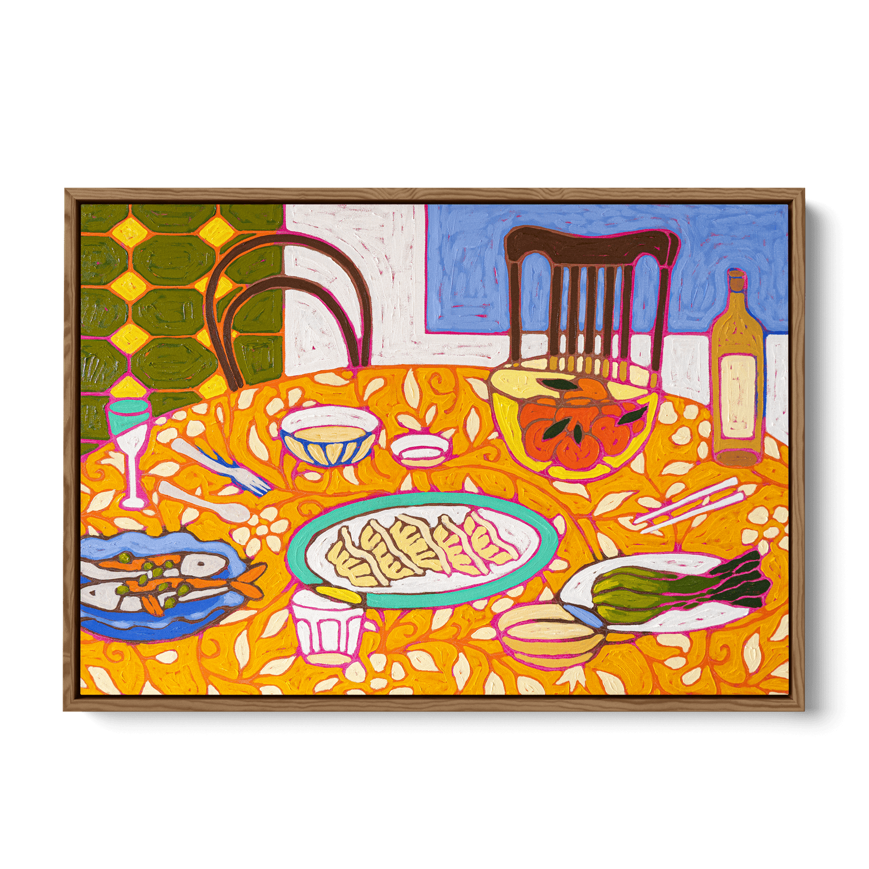 Colorful painting of a dining table with dishes, a bowl, a glass of wine, vegetables, and a bottle, with a blue wall and a green patterned wall in the background.
