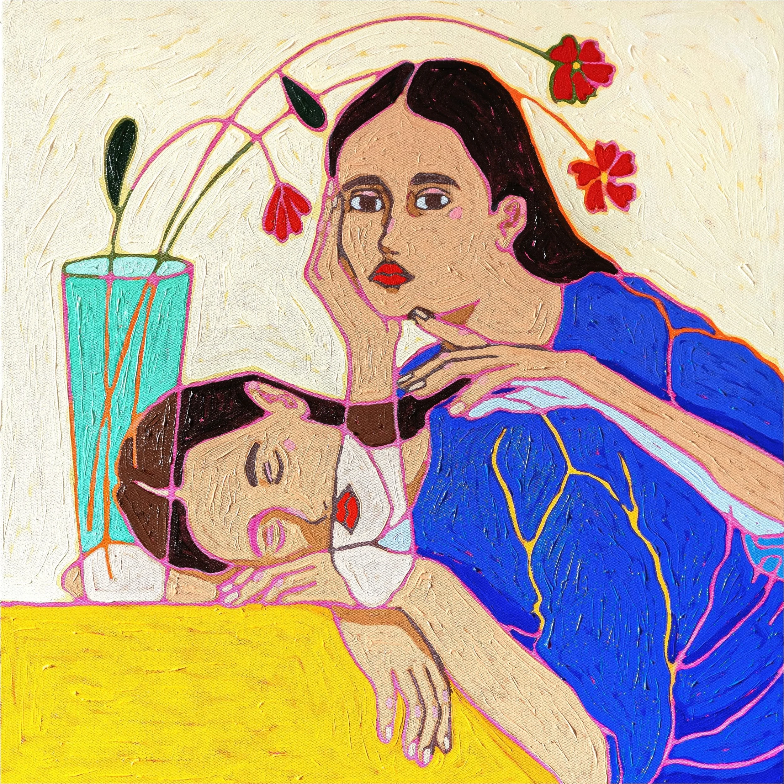 A vibrant painting of two women, one with her head resting on a table and eyes closed, and the other sitting beside her, resting her head on her hand and looking thoughtfully into the distance, with a vase of flowers in the background.