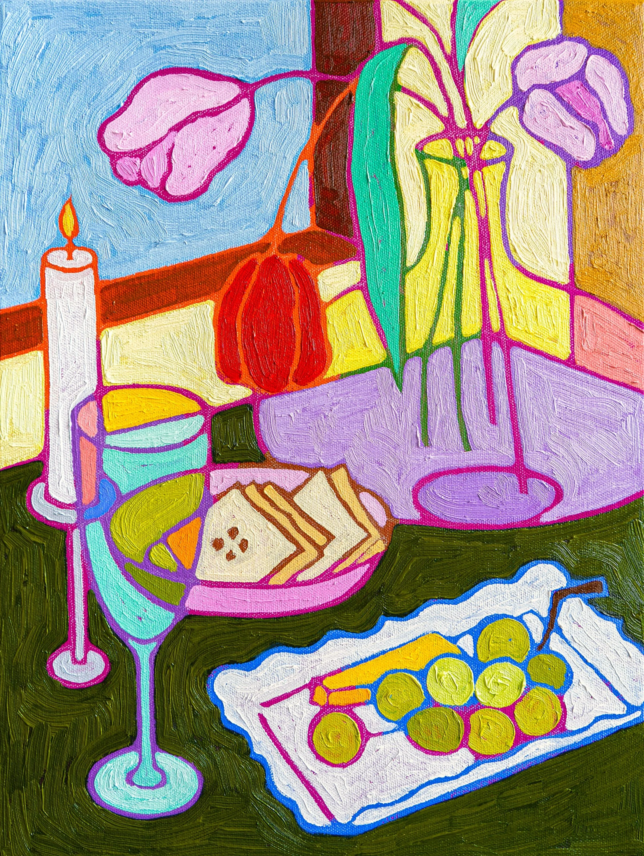 Colorful abstract painting of a still life arrangement with a candle, flower vases, a glass of wine, a plate of crackers and cheese, and a bunch of grapes on a dark green surface.