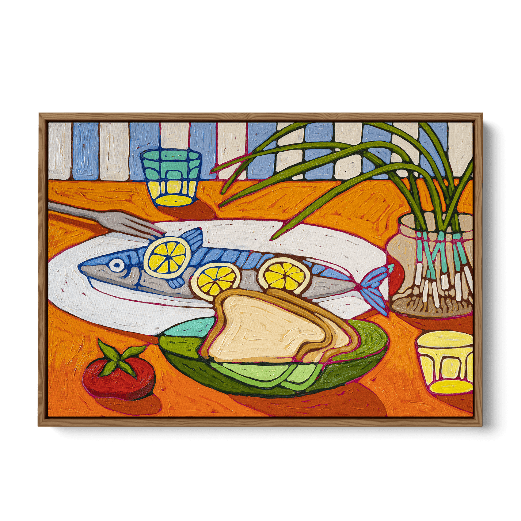 A colorful painting of a seafood meal on a table with a fish garnished with lemon slices, a loaf of bread, a tomato, and a potted plant in the background.