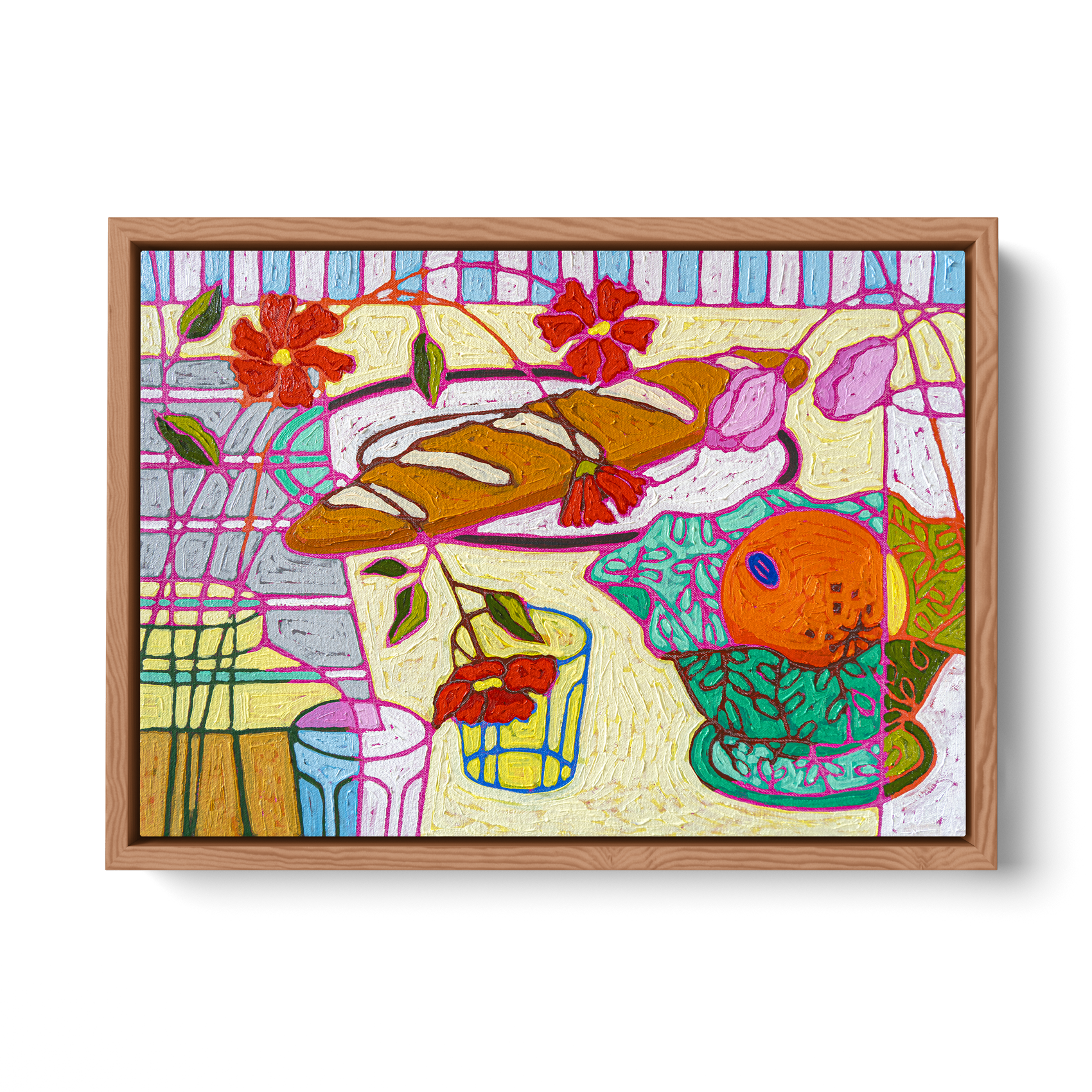 Colorful still life painting of flowers, a loaf of bread on a plate, a glass with a red flower, a bowl of fruit, and a decorative tablecloth with a background of a grid pattern.