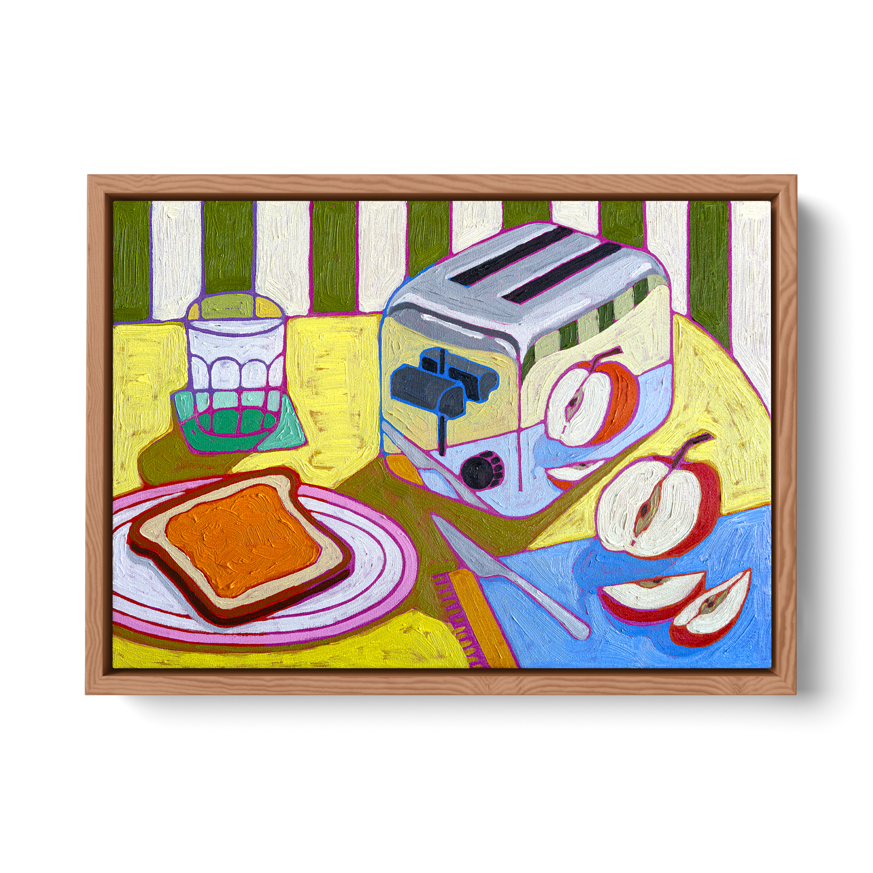 Painting of a breakfast scene with toast, sliced apples, a glass of water, and a toaster on a yellow table with a green and white striped background.