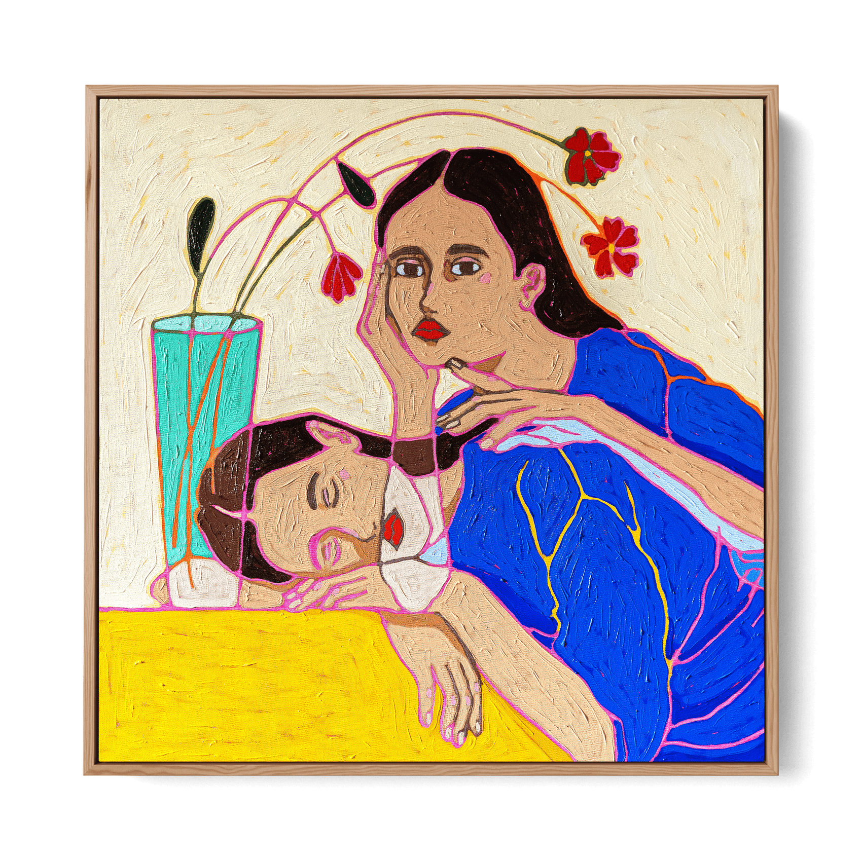 A colorful painting of two women, one resting her head on the table with eyes closed, the other looking directly at the viewer with her hand on her cheek, with a tall blue vase and red flowers in the background.