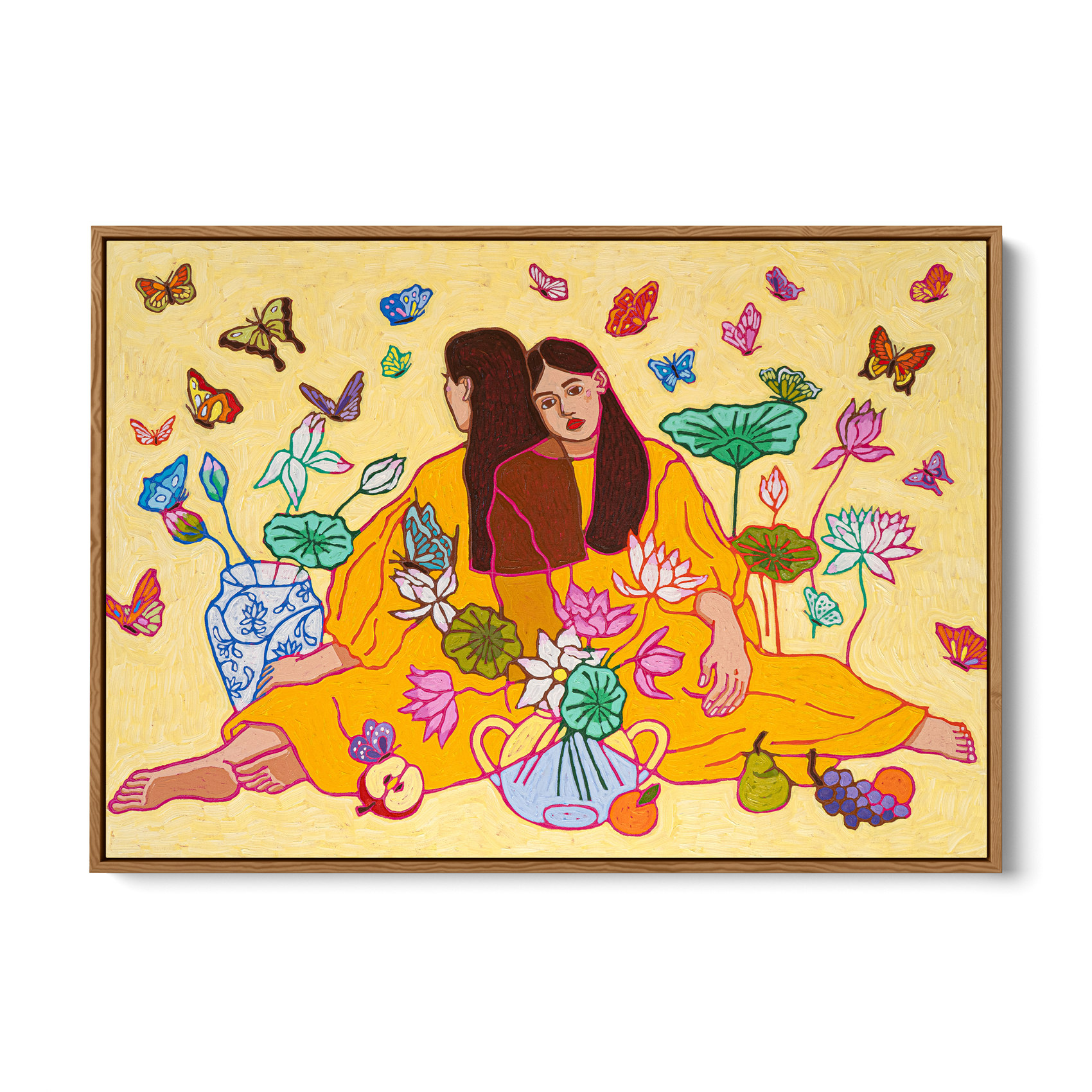 Painting of two women sitting amongst colorful flowers and butterflies, with fruit and a blue vase present.