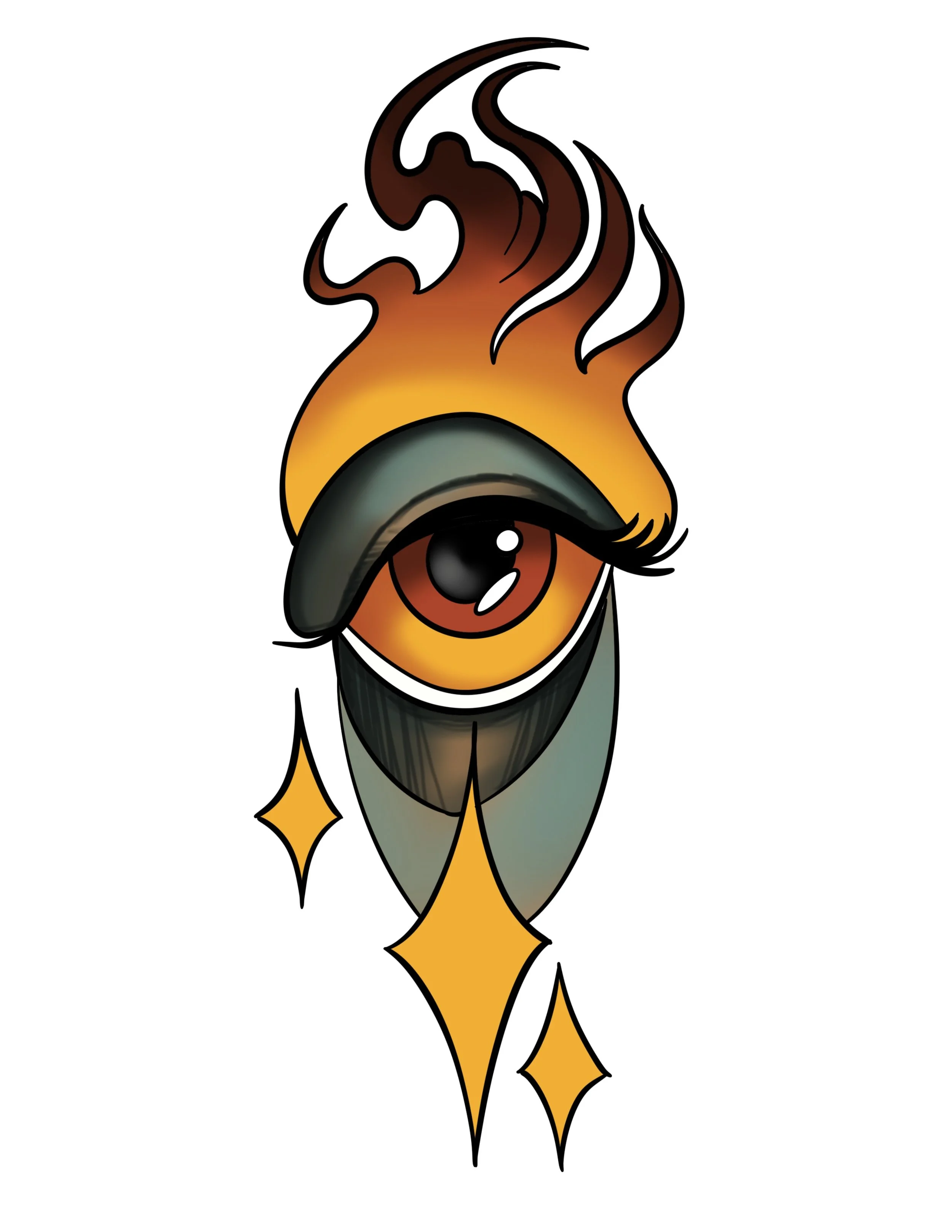 A stylized tattoo design featuring a large eye with an eyelash, flames above the eye, and three star-shaped sparkles around it, with shades of black, gray, brown, and gold.