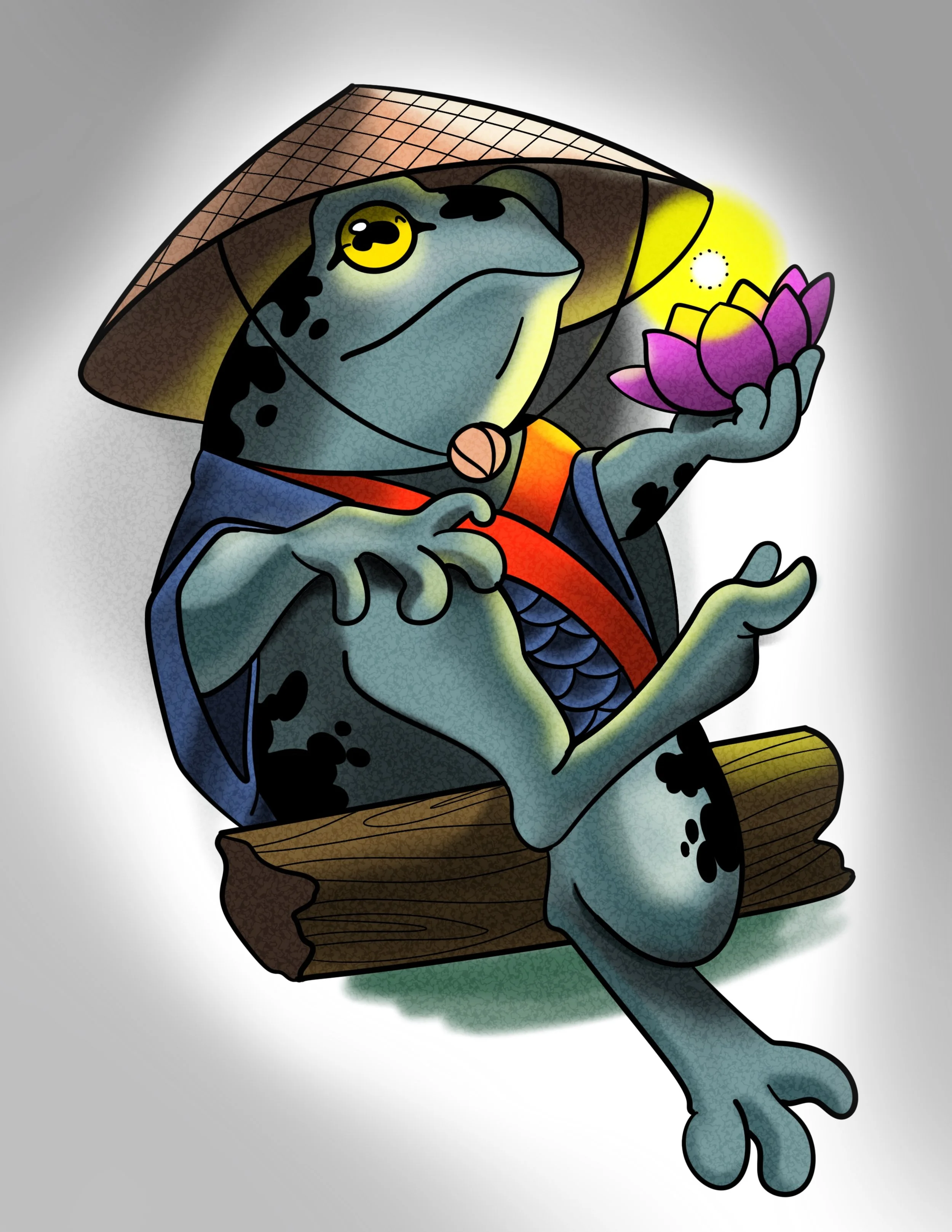 frog samurai Japanese toad animal lotus traditional new school floral flower