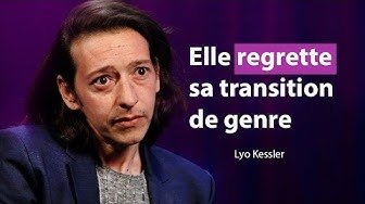 Photo d'une femme avec un texte en français qui dit 'Elle regrette sa transition de genre' et le nom Lyra Kessler