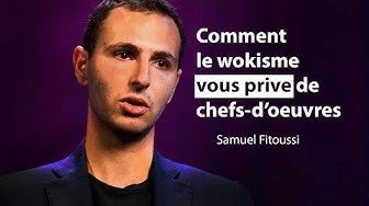Portrait d'un homme devant un fond violet avec un texte en français sur le wokenisme et la chef-d'œuvre.