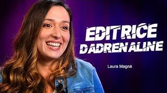 Portrait d'une femme souriante avec fond violet et texte en français, 'ÉDITRICE D'ADRENALINE' et 'Laura Magné'.
