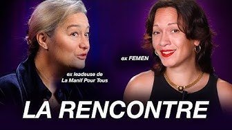 Deux femmes souriantes avec texte en français, évoquant une rencontre ou un débat entre deux personnalités