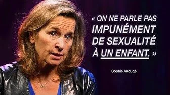 Une femme avec des cheveux bruns et un masque facial, à côté d'une citation en français qui dit 'On ne parle pas impunément de sexualité à un enfant'.