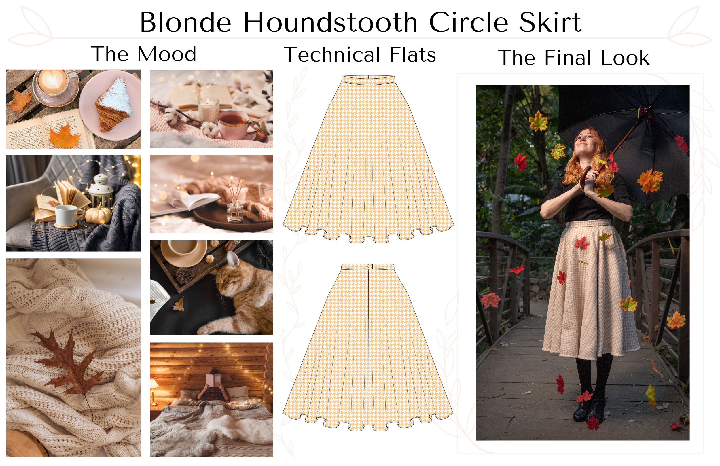 Blonde Houndstooth Circle Skirt Mood Board, Tech Flats, Final Look