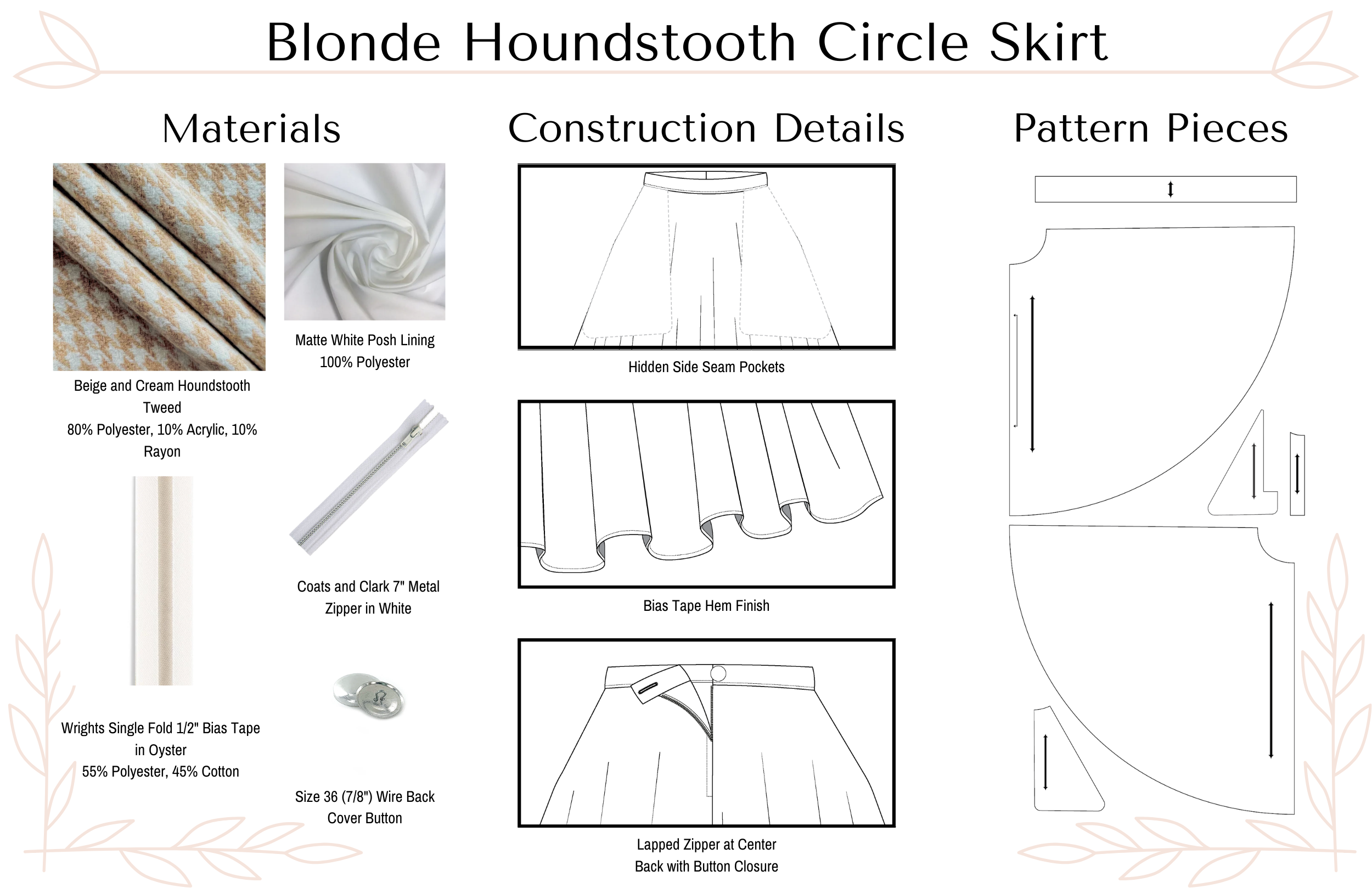 Blonde Houndstooth Circle Skirt Materials, Construction Details, Pattern Pieces
