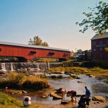 We thought it might be fun to share a little of how we chose colors for The Covered Bridge Beanie designed by Stephanie of @rosieposieknitco.  We started with a photo of an iconic covered bridge in Indiana -- this one is in Bridgeton, IN.  We knew we