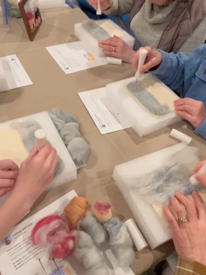 So much fun with needle felting at our class last night!

Josh led us through our landscape painting with wool&mdash;some had big houses and some small, some sunsets and some blue skies, and of course some sheep snuck in (Maddie&rsquo;s &ldquo;knocke