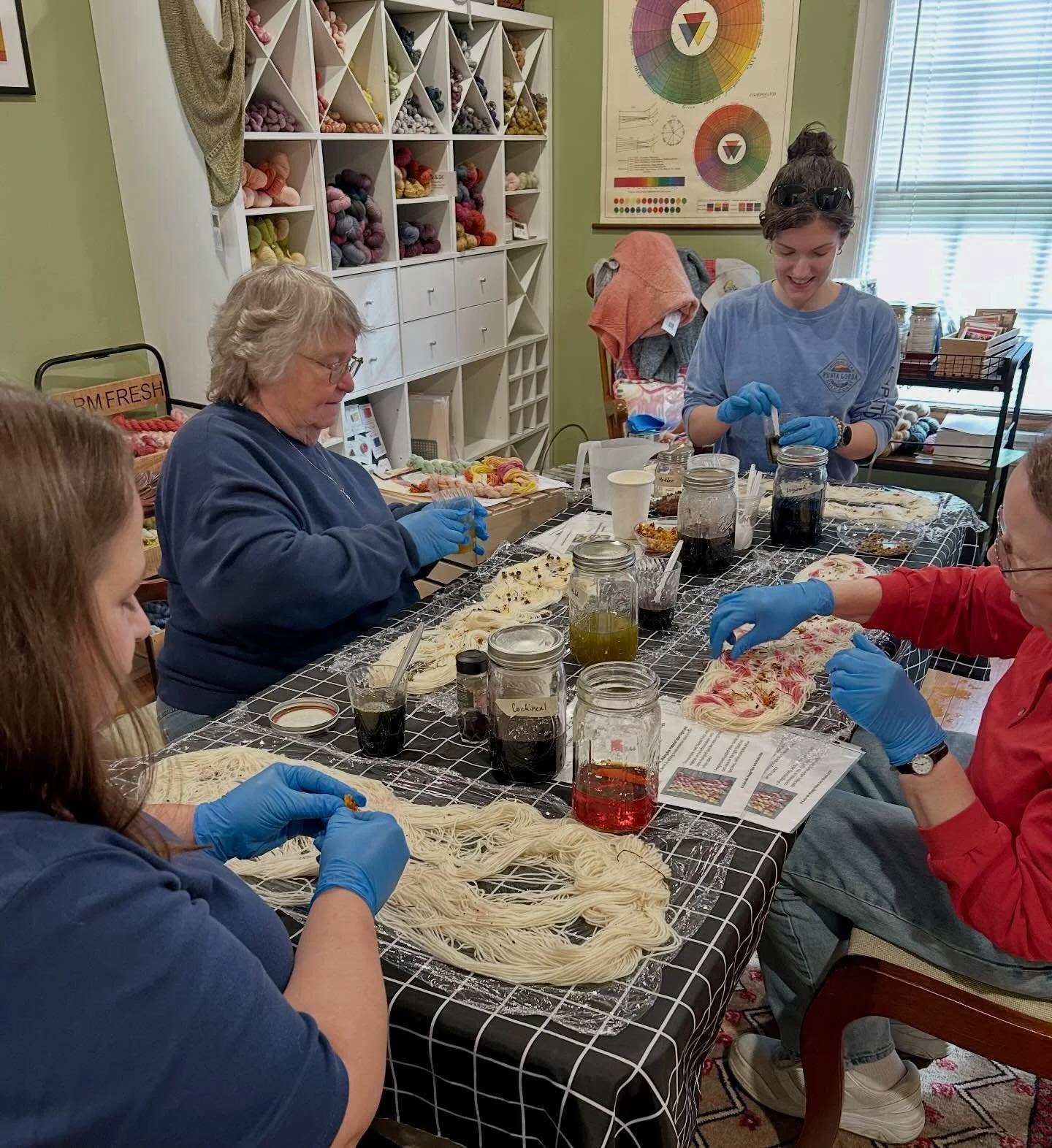 Such a wonderful class with these lovely friends from Terre Haute and Dayton!!

So glad they made the trek to do our Handpainting with Natural Dyes class&mdash;can&rsquo;t wait to see their finished skeins!

Grab a few of your yarny friends and messa