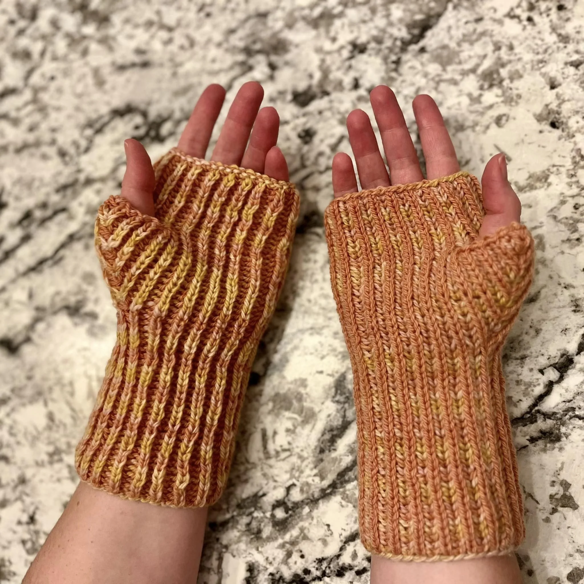 Megan's Mitts; Pattern: Brioche Mitts by Kaitlin @originally.lovely
Yarn: Our Pure Merino fingering weight (Autumn Sunset and Autumn Leaves)