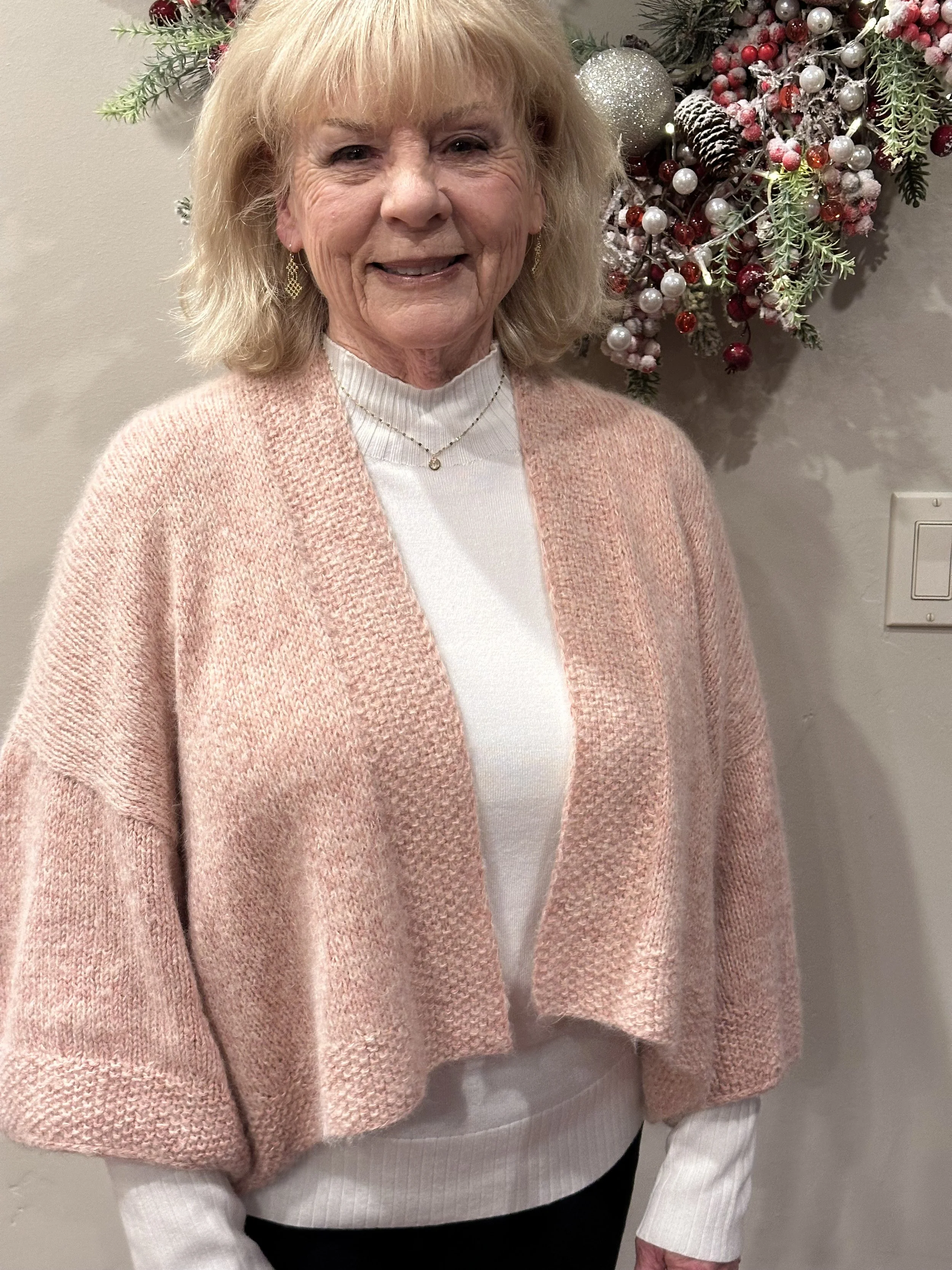 Michelle knit the Kimono Cardigan (by Dani Bauer) for Grammy using our Suri Silk (held with Knitting For Olive silk)