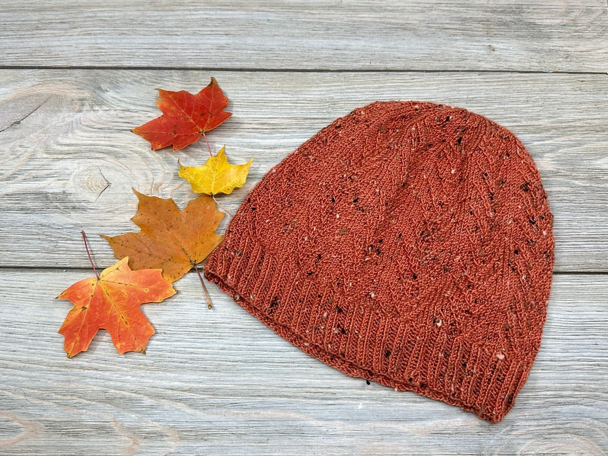 Twiggy hat, knit with one skein of Tweed Merino fingering in Spiced Pumpkin