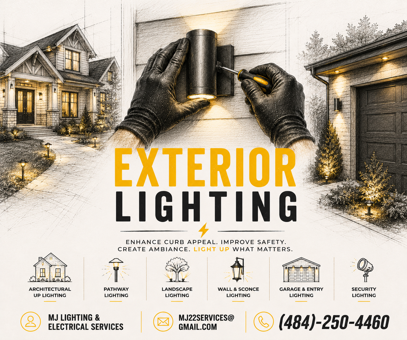 Advertisement for exterior lighting services featuring an illustration of a person installing outdoor light fixtures on a house, with images of different types of outdoor lighting, contact information, and a hashtag about lighting.