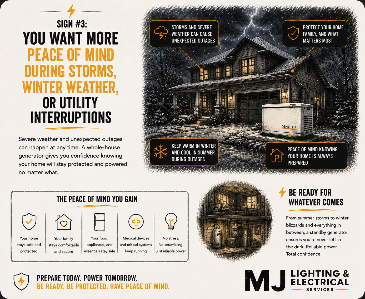 An informational graphic about maintaining peace of mind during storms, winter weather, and utility interruptions, featuring a house with outdoor lighting, a Generac backup generator, and stormy weather with lightning in the background. It includes safety tips, generator benefits, and preparedness advice.