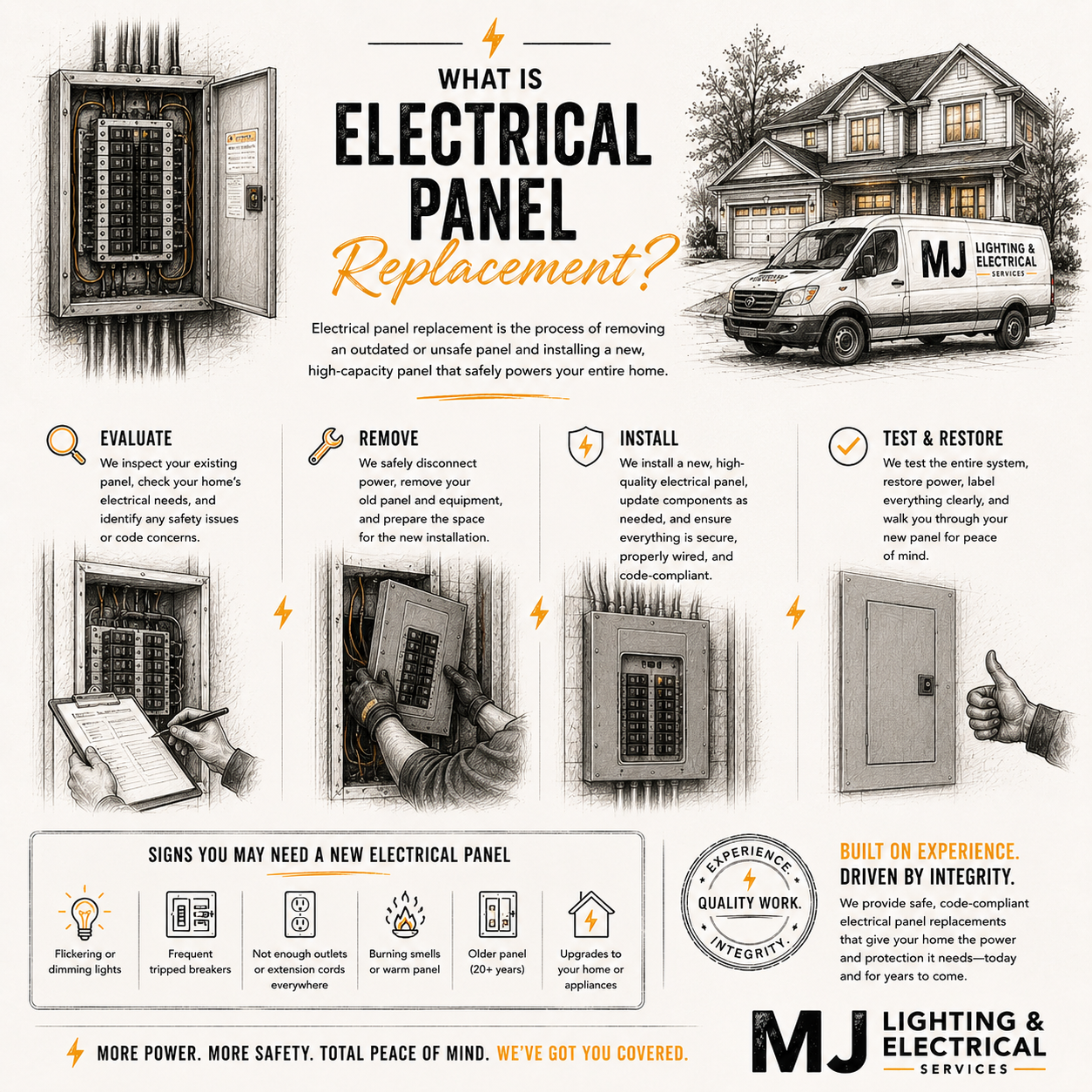 Infographic explaining the electrical panel replacement process, including evaluation, removal, installation, and testing, with illustrations of electrical panels and a vehicle labeled MJ Lighting & Electrical Services parked in front of a house.