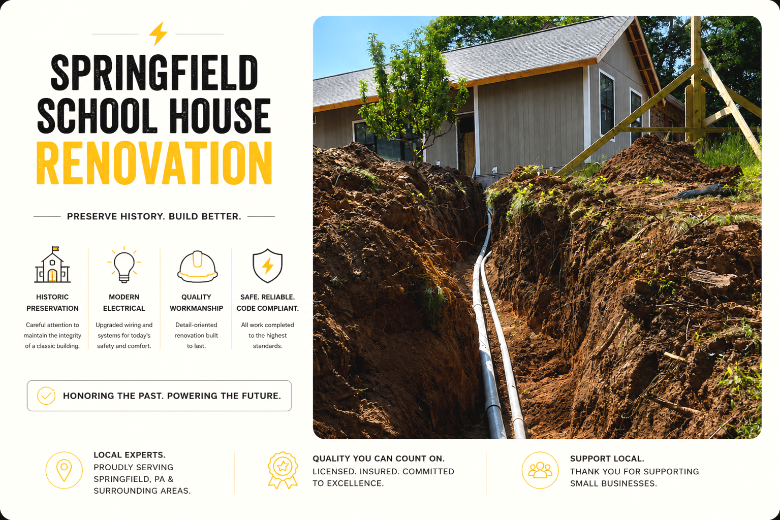 Construction of a new house with pipes laid in the trench at Springfield School House Renovation site.