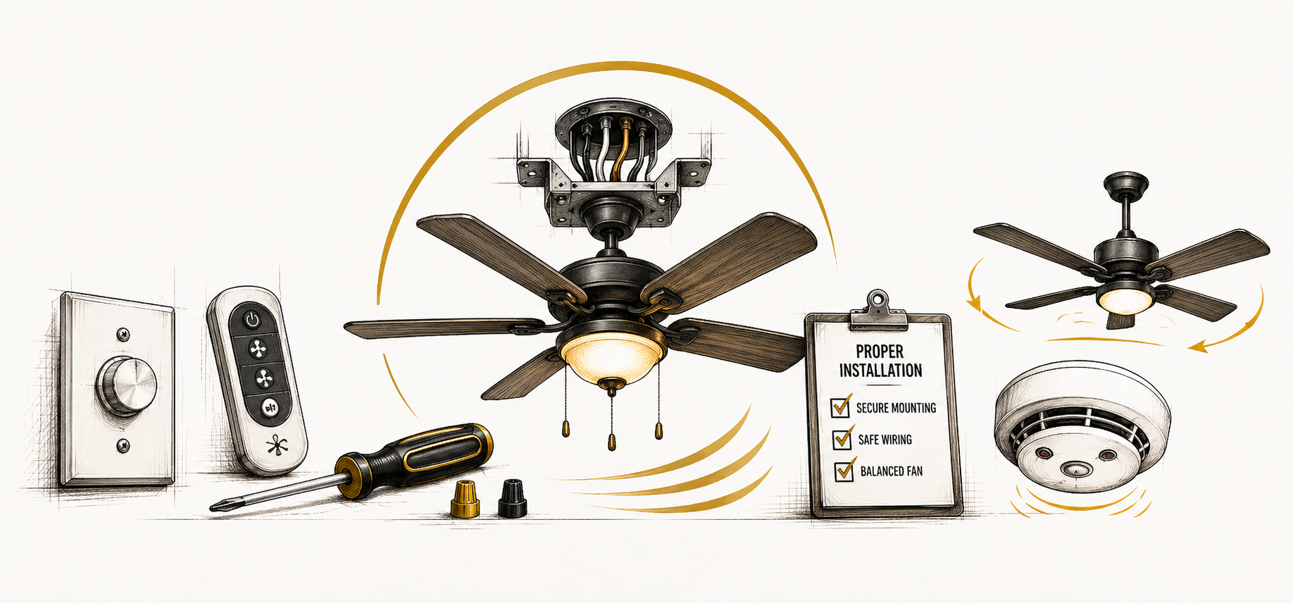 Illustration showing the proper installation of ceiling fans, including tools, wiring, fan mounting, and safety compliance steps.
