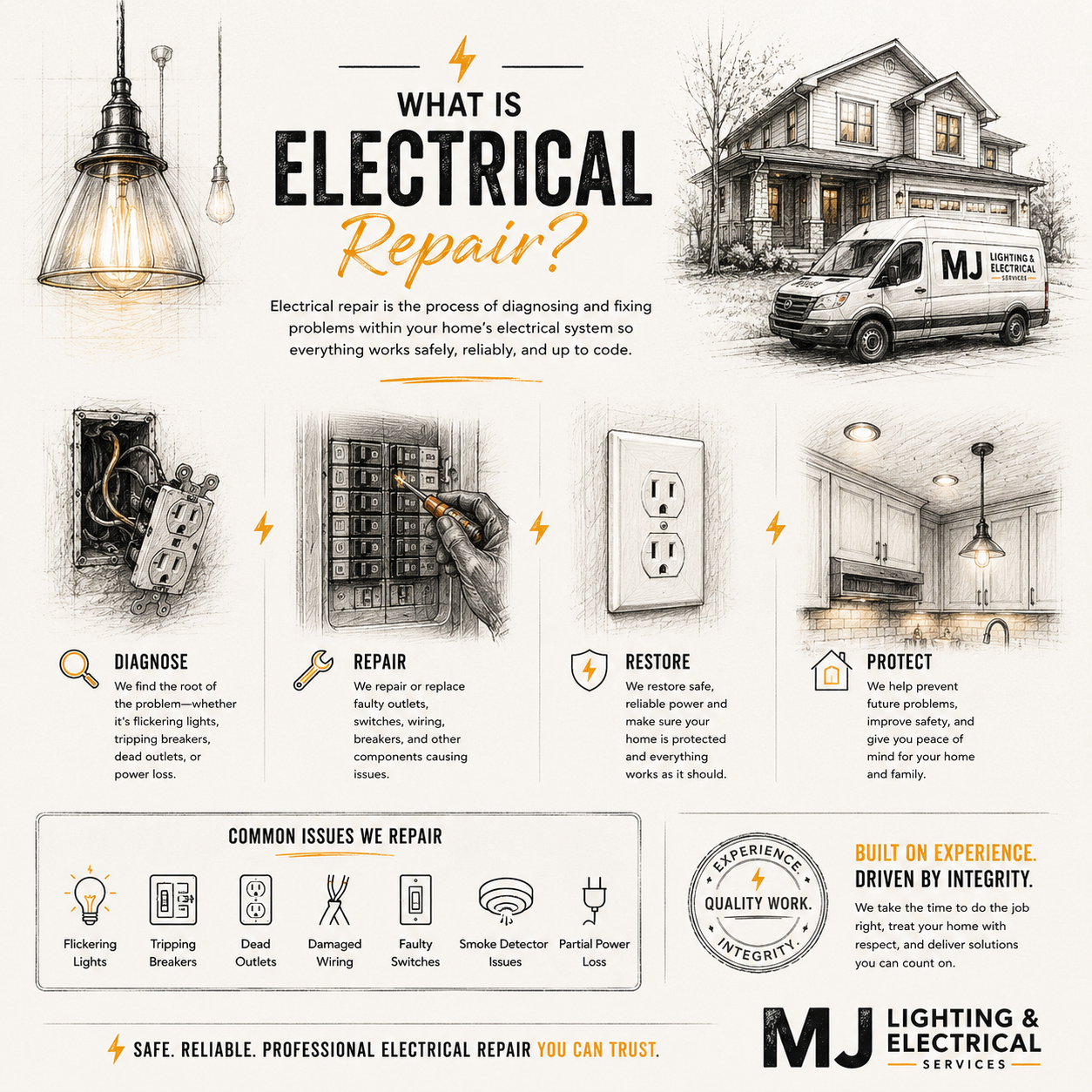 An infographic explaining electrical repair, featuring illustrations of a house, a van, a hanging light bulb, electrical outlets, a breaker box, and interior kitchen lighting. The text describes diagnosing, repairing, restoring power, and protecting electrical systems.
