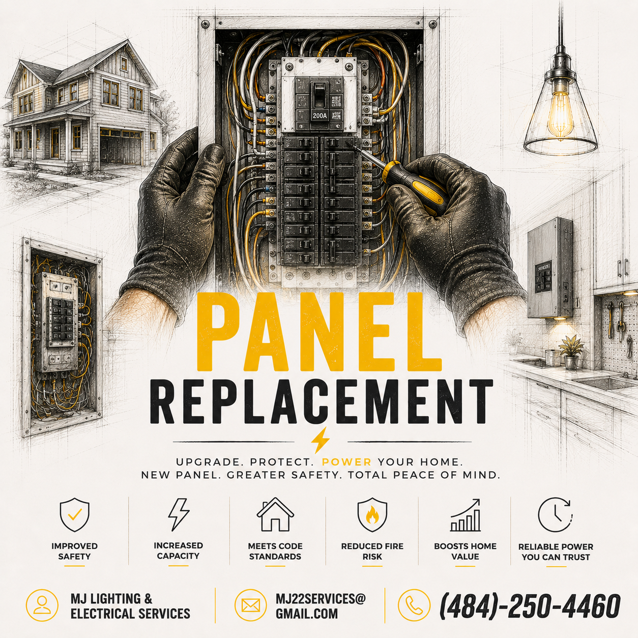 An electrician wearing black gloves working on an electrical panel with wires inside a modern kitchen. The image promotes electrical panel replacement services, highlighting safety, capacity, code standards, fire risk reduction, home value, and power reliability.